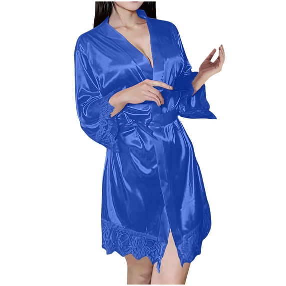 YUANxueke Womens Long Sleeve Sleep Robes Ruffle Trim Belted V Neck Banthrobe Fashion Loose Fit Mini Nightwear Pajamas