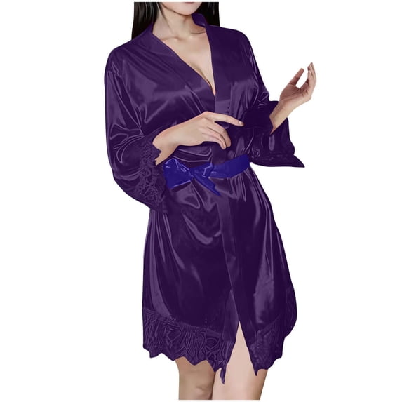 YUANxueke Womens Long Sleeve Sleep Robes Ruffle Trim Belted V Neck Banthrobe Fashion Loose Fit Mini Nightwear Pajamas
