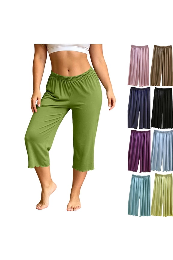 Womens Modal Capris Soft Cozy Pajama Bottoms Pants Elastic Wasit Ruffle Trim Casual Sleep Pants