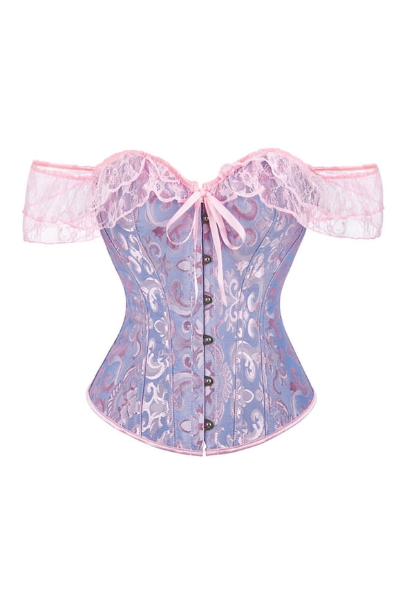 Womens Off the Shoulder Corset Bustier Lace Trim Puff Sleeve Shapewear Vintage Elegant Style Bust Lifting Bodice