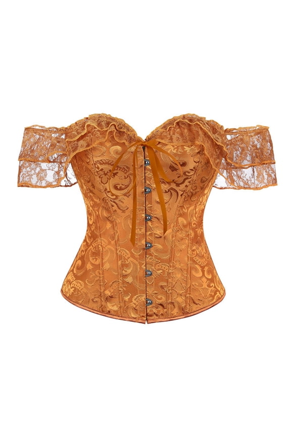 Womens Off the Shoulder Corset Bustier Lace Trim Puff Sleeve Shapewear Vintage Elegant Style Bust Lifting Bodice