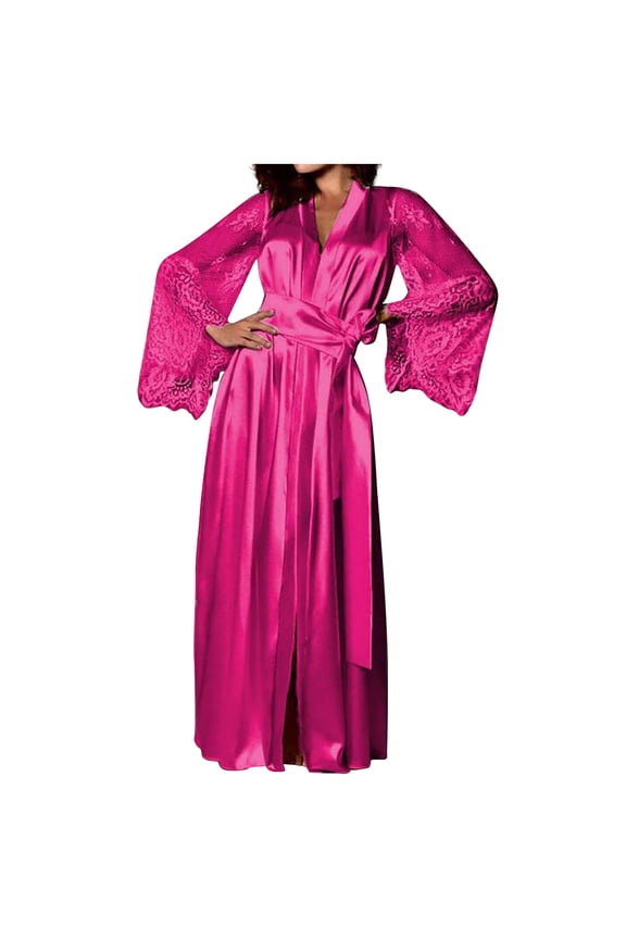 Womens Plus Size Maxi Robe Sets Lace Long Sleeve Patchwork Belted Sleep Robe & Belt & Panties 3 Packs Pajamas Sets