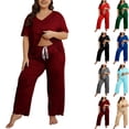 thumbnail image 1 of YUANxueke Womens Plus Size Outfits Casual Short Sleeve V Neck Tops and Pants Oversized Summer Vacation Matching Sets 2 Piece Sets Loungewear XL-5XL, 1 of 5