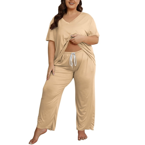 YUANxueke Womens Plus Size Outfits Casual Short Sleeve V Neck Tops and Pants Oversized Summer Vacation Matching Sets 2 Piece Sets Loungewear XL-5XL