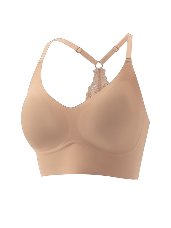 Womens Wireless Jelly Bra Lace Racerback Bralette Comfort Push Up Everyday T-Shirt Bra,Coffee,S