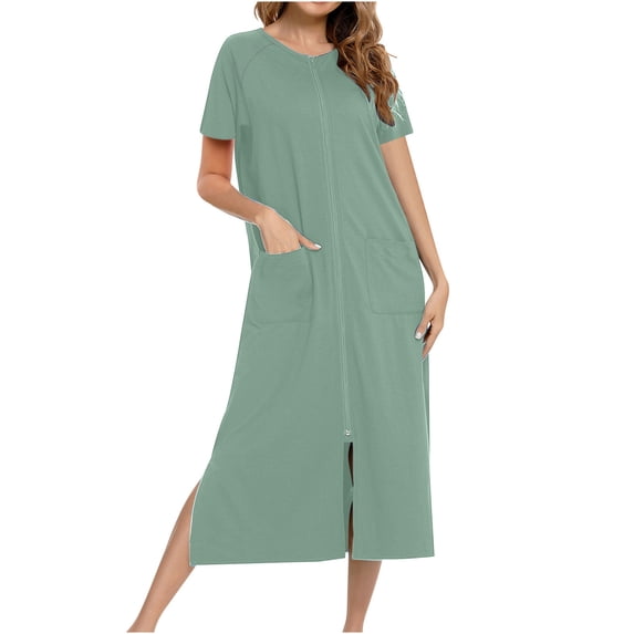 YUANxueke Womens Zip Front Robes Long Length Lightweight Night Gowns Short Sleeve House Loungewear Summer Bathrobe