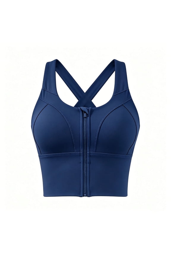 Zip Front Sports Bra for Women Cross Back Active Yoga Sports Bra Workout Supportive Longline Bra