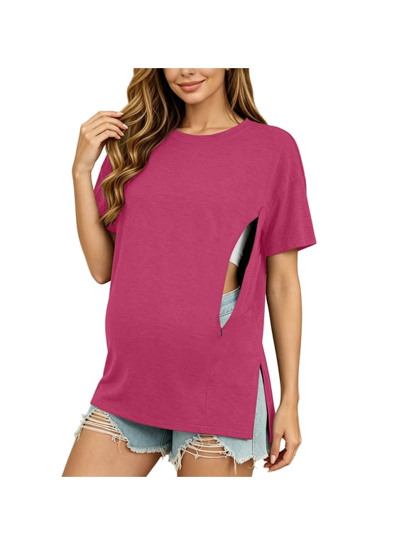 Zip Nursing Shirts for Womens Maternity Short Sleeve Crewneck Side Split Breastfeeding T-Shirts Casual Fashion Pregnancy Tops