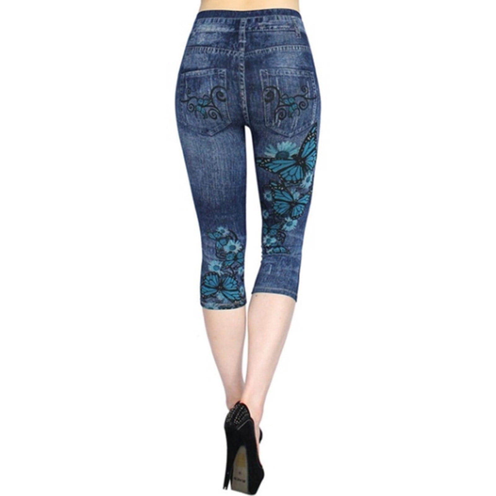 YUARESTAR Ladies Imitation Denim Leggings Cropped Pants Printed One