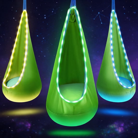 YUBIKWETE Light Up Kids Pod Swing Seat With LED Lights Green Nylon Hanging Hammock Chair Indoor Outdoor