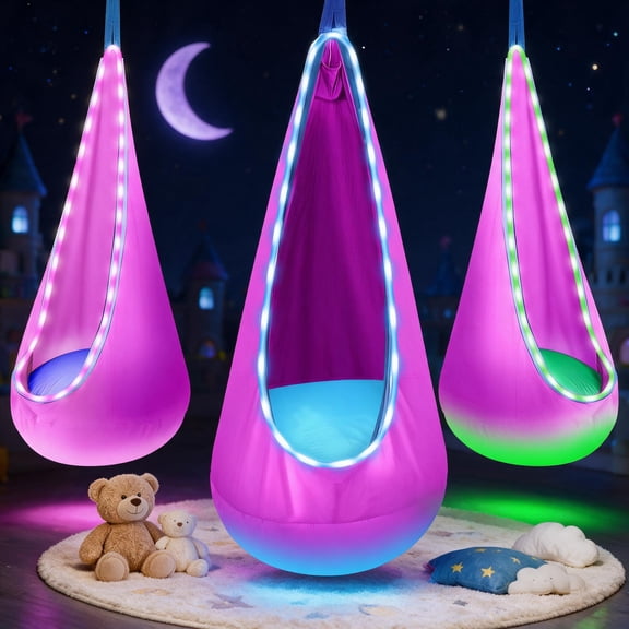 YUBIKWETE Light Up Kids Pod Swing Seat With LED Lights Pink Nylon Hanging Hammock Chair Indoor Outdoor