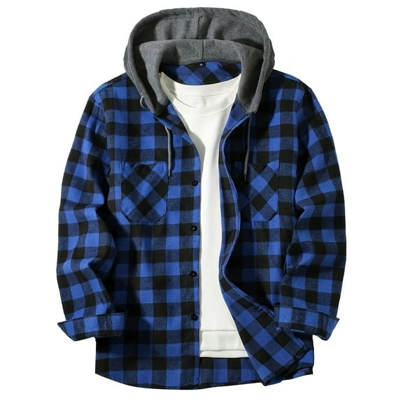 YUBIKWETE Men's & Big Men's Long Sleeve Plaid Flannel Hooded Shirt, Sizes S-3XL