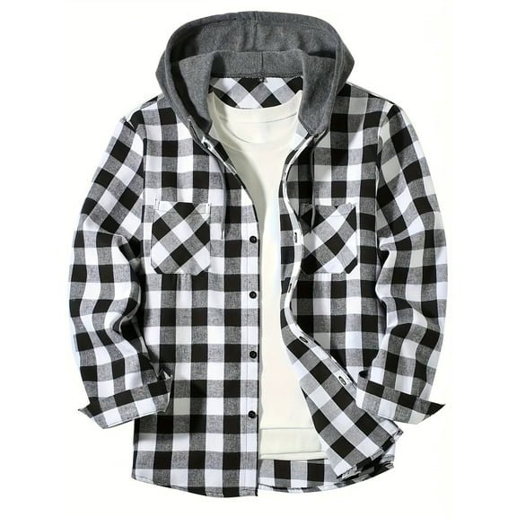 YUBIKWETE Men's & Big Men's Long Sleeve Plaid Flannel Hooded Shirt, Sizes S-3XL