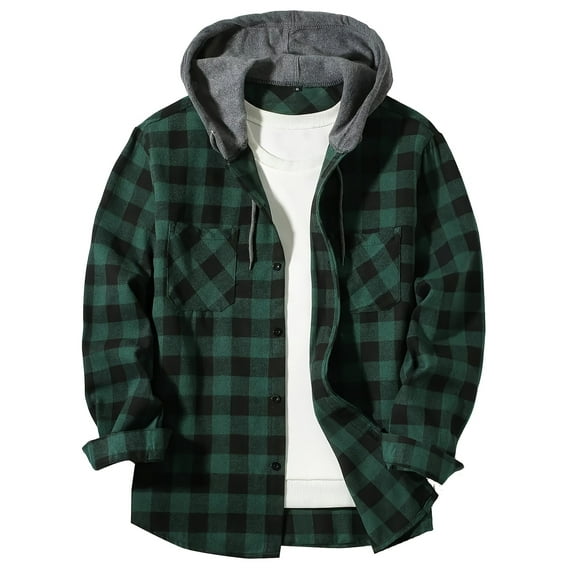 YUBIKWETE Men's & Big Men's Long Sleeve Plaid Flannel Hooded Shirt, Sizes S-3XL