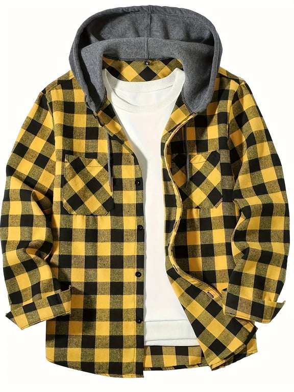 Men's & Big Men's Long Sleeve Plaid Flannel Hooded Shirt, Sizes, Yellow, Size M