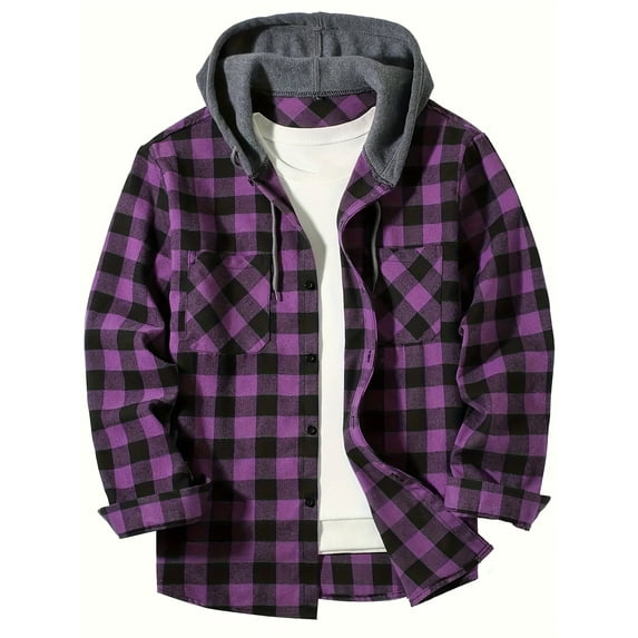 YUBIKWETE Men's & Big Men's Long Sleeve Plaid Flannel Hooded Shirt, Sizes S-3XL