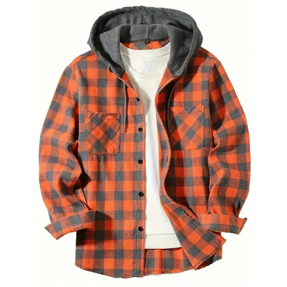 YUBIKWETE Men's & Big Men's Long Sleeve Plaid Flannel Hooded Shirt, Sizes S-3XL
