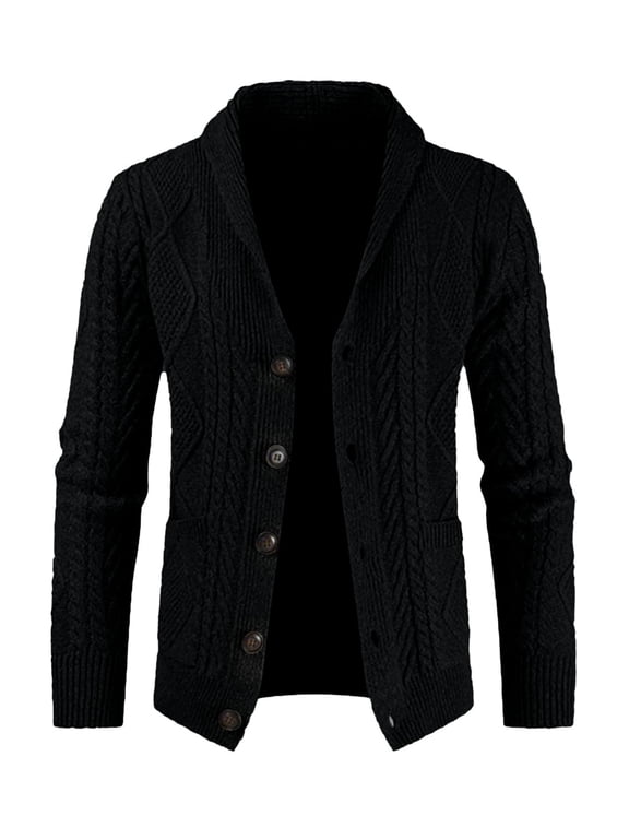 Men's Cardigan Sweater Wool Blend Cable Knit Shawl Collar Button Front With Pockets