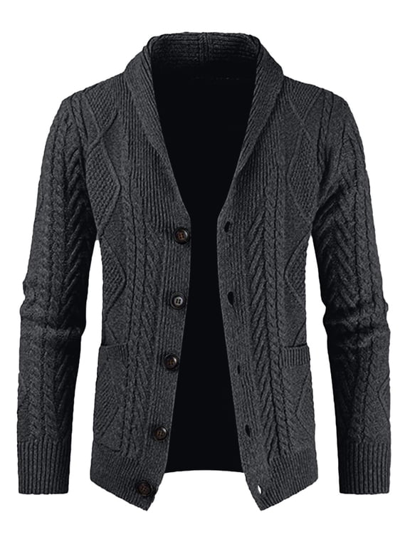 Men's Cardigan Sweater Wool Blend Cable Knit Shawl Collar Button Front With Pockets