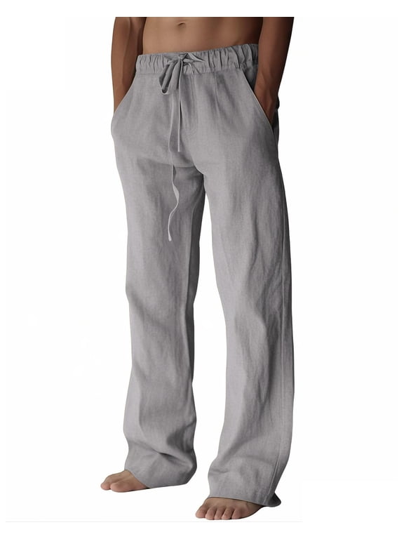 Men's Cotton Linen Pants Loose Fit Drawstring Casual Beach Pants With Pockets Gray