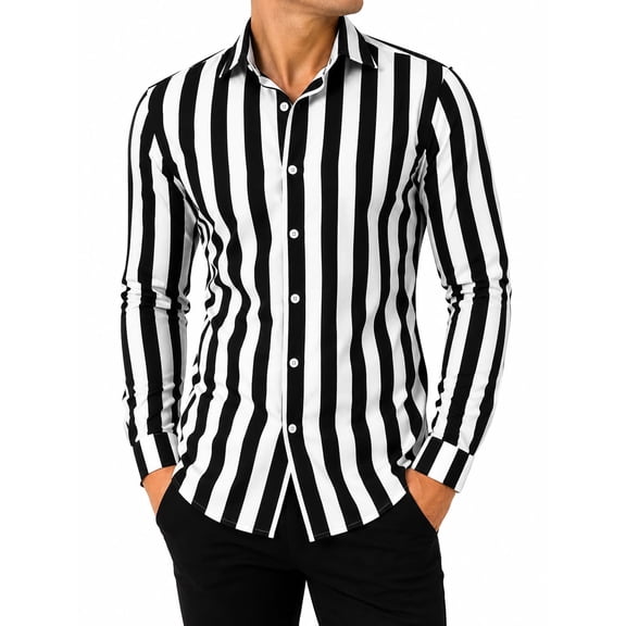 YUBIKWETE Men's Striped Button Down Shirt Slim Fit Long Sleeve Casual Dress Shirt Black and White