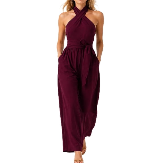 YUBIKWETE Women's Halter Jumpsuit Sleeveless Wide Leg Backless One Piece Outfit With Belt