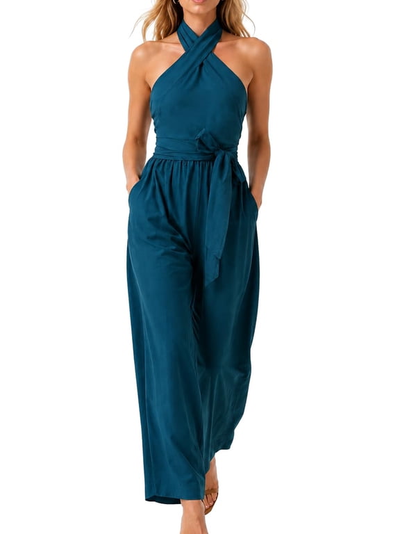 Women's Halter Jumpsuit Sleeveless Wide Leg Backless One Piece Outfit With Belt
