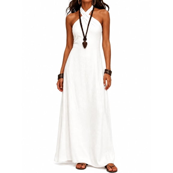 YUBIKWETE Women's Halter Maxi Dress Sleeveless Flowy Summer Dress for Beach Vacation and Parties