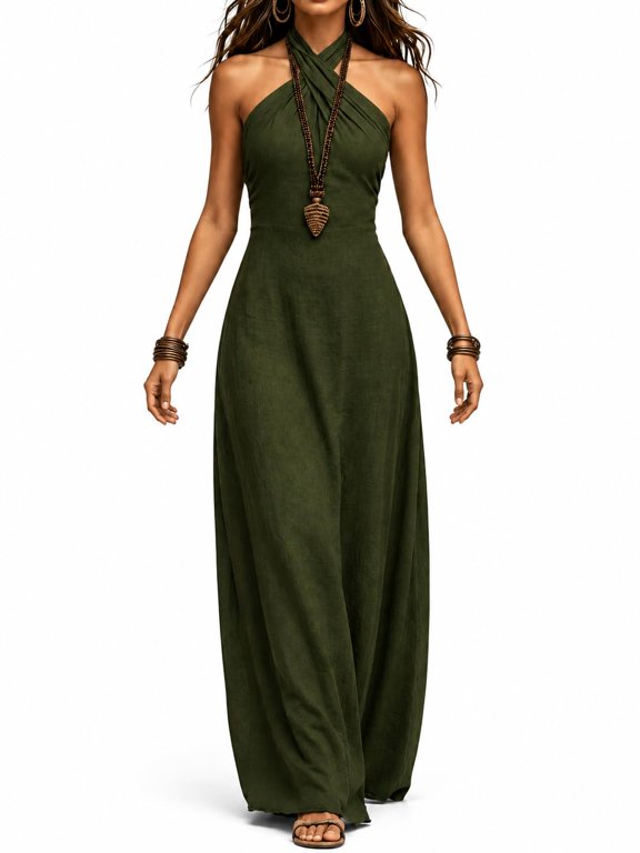 Women's Halter Maxi Dress Sleeveless Flowy Summer Dress for Beach Vacation and Parties