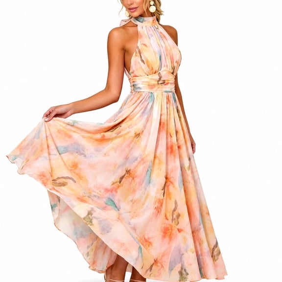 YUBIKWETE Women's Halter Maxi Dress Watercolor Print Sleeveless Flowy Summer Beach Vacation Dress