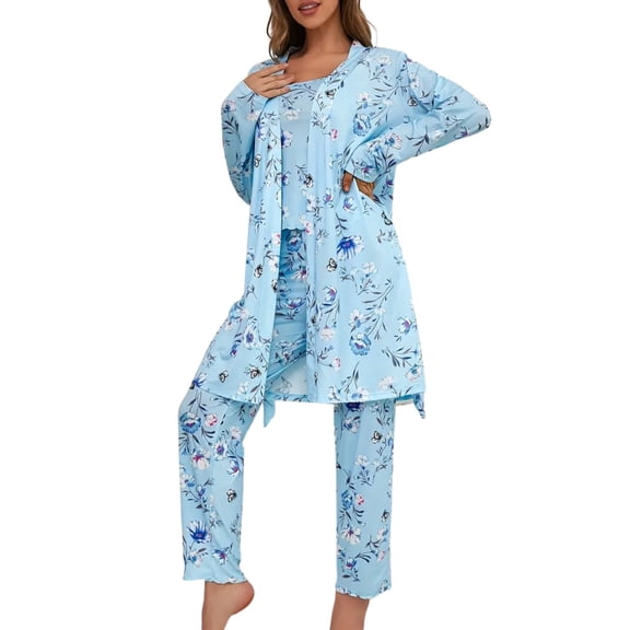 YUBIKWETE Womens 3 Piece Pajama Set Floral Butterfly Loungewear With Belted Robe And Pants