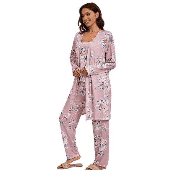 YUBIKWETE Womens Floral Pajama Set 3 Piece Sleepwear With Robe Camisole And Pants Soft Loungewear