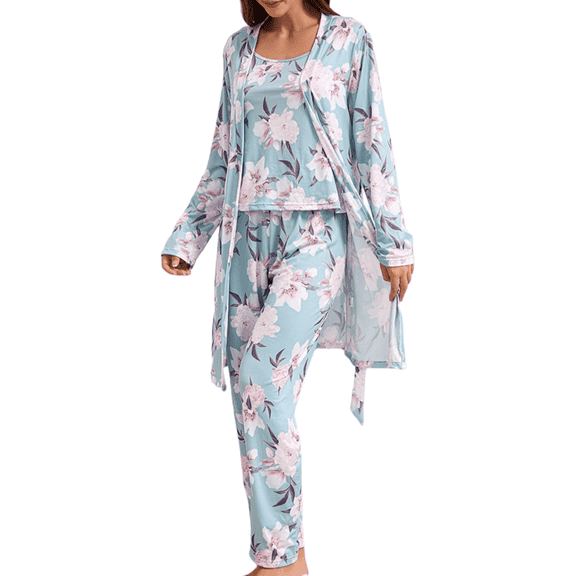 YUBIKWETE Womens Floral Pajama Set 3 Piece Sleepwear With Robe Camisole And Pants Soft Loungewear