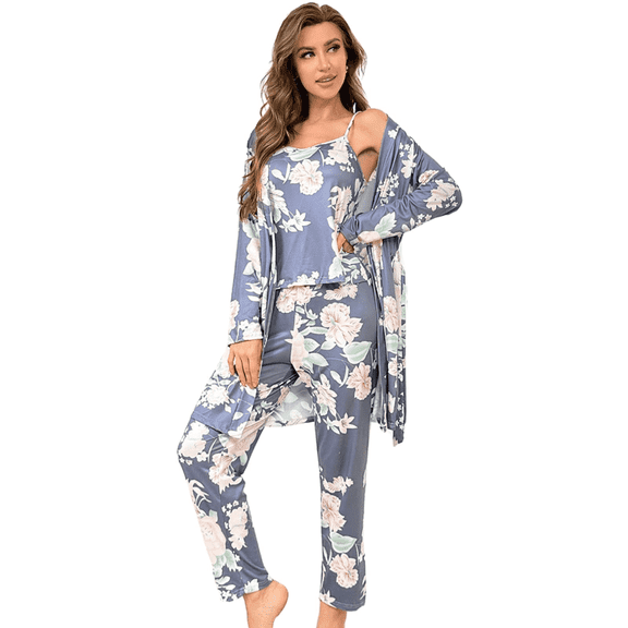 YUBIKWETE Womens Floral Pajama Set 3 Piece Sleepwear With Robe Camisole And Pants Soft Loungewear