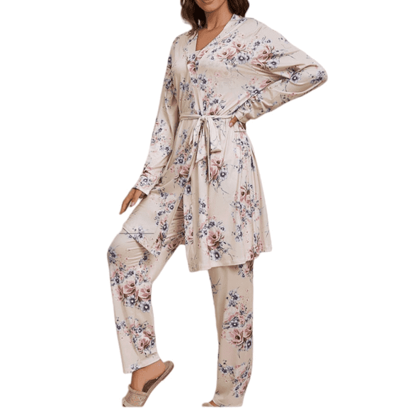 YUBIKWETE Womens Floral Pajama Set 3 Piece Sleepwear With Robe Camisole And Pants Soft Loungewear