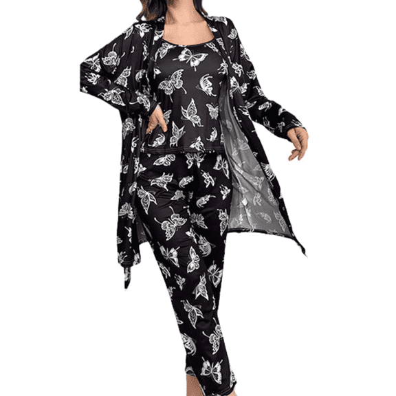 YUBIKWETE Womens Floral Pajama Set 3 Piece Sleepwear With Robe Camisole And Pants Soft Loungewear