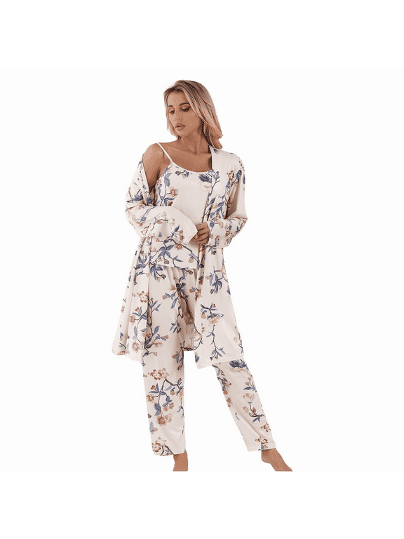 Womens 3-Piece Pajama Set Soft Floral Camisole Pants and Robe Sleepwear Loungewear