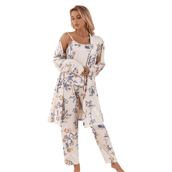 YUBIKWETE Womens Floral Pajama Set 3 Piece Sleepwear With Robe Camisole And Pants Soft Loungewear