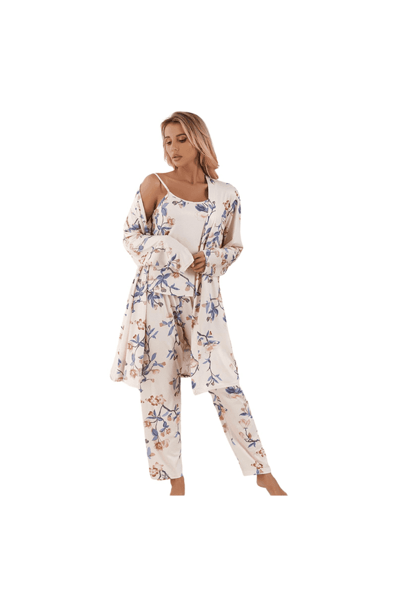 Womens Floral Pajama Set 3 Piece Sleepwear With Robe Camisole And Pants Soft Loungewear
