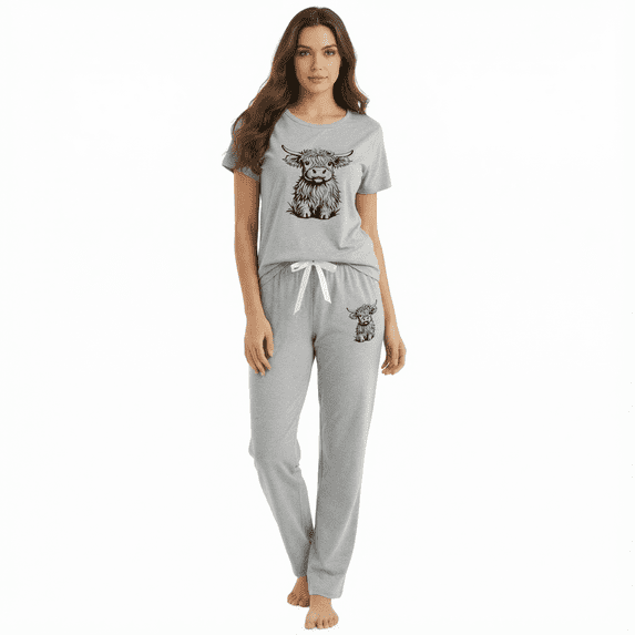 YUBIKWETE Womens Highland Cow Pajama Set 3 Piece Short Sleeve Top Pants and Shorts Soft Sleepwear Loungewear