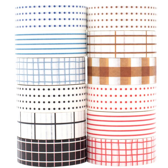 YUBX Basic Washi Tape Set 12 Rolls Dot & Grid Masking White Decorative Tapes