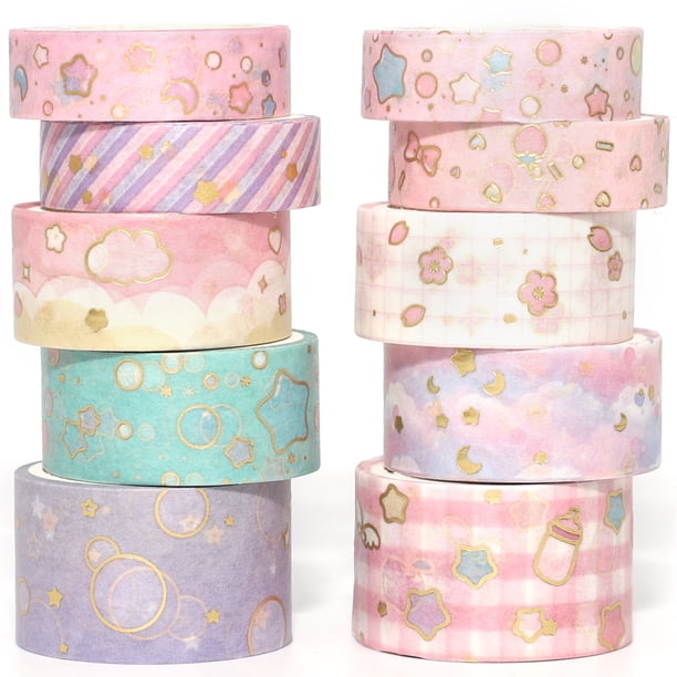 YUBX Cute Pink Washi Tape Set 10 Rolls Gold Foil Masking