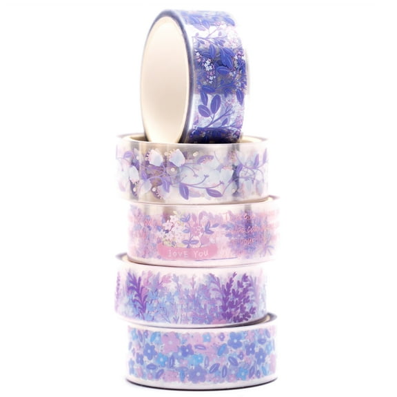 YUBX Flower Patterns PET Tape Set 5 Rolls Floral Arts Decorative Tapes - Lavender
