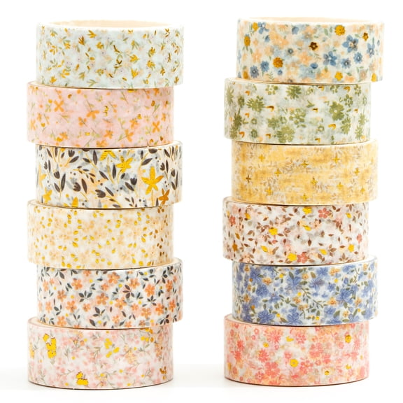 YUBX Flowers Washi Tape Set 12 Rolls Gold Foil Decorative Tapes