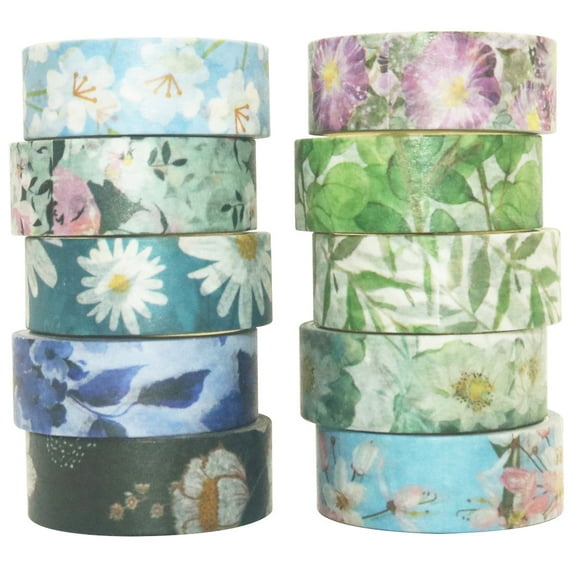 YUBX Garden Flower Washi Tape Set 10 Rolls Blue Purple Floral Decorative Masking Tapes (Calm Colors)