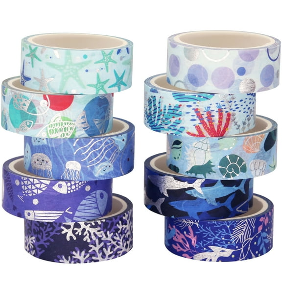 YUBX Ocean Blue Washi Tape Set 10 Rolls Silver Foil Print Decorative Masking Tapes for Arts, DIY Crafts, Journals, Planners, Scrapbook