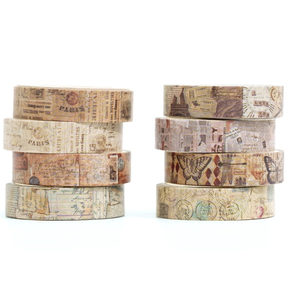 YUBX Vintage Washi Tape Pack 8 Rolls Thin Retro Decorative Tapes - Junk Books