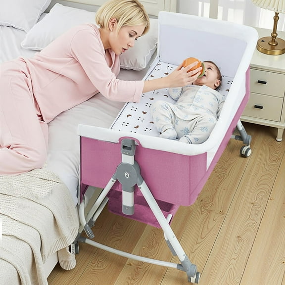 YUCHANG 3-in-1 Baby Bassinet , Adjustable Heights Foldable Baby Crib with mosquito net for Newborns and infants 0-24 months(Pink)