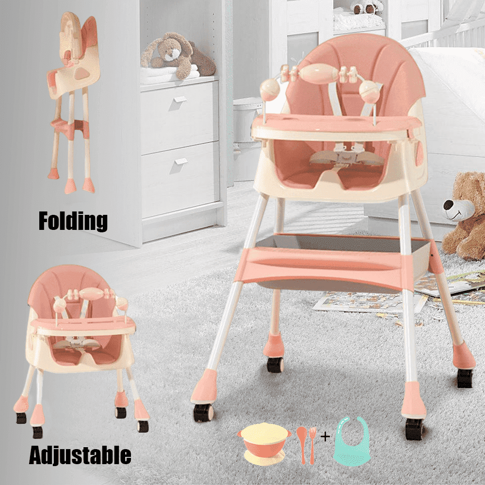 YUCHANG 4- in-1 Baby High Chair,Adjustable Convertible Infant Baby Feeding Chair Booster for Eating with Detachable Double Tray,5 Point Harness