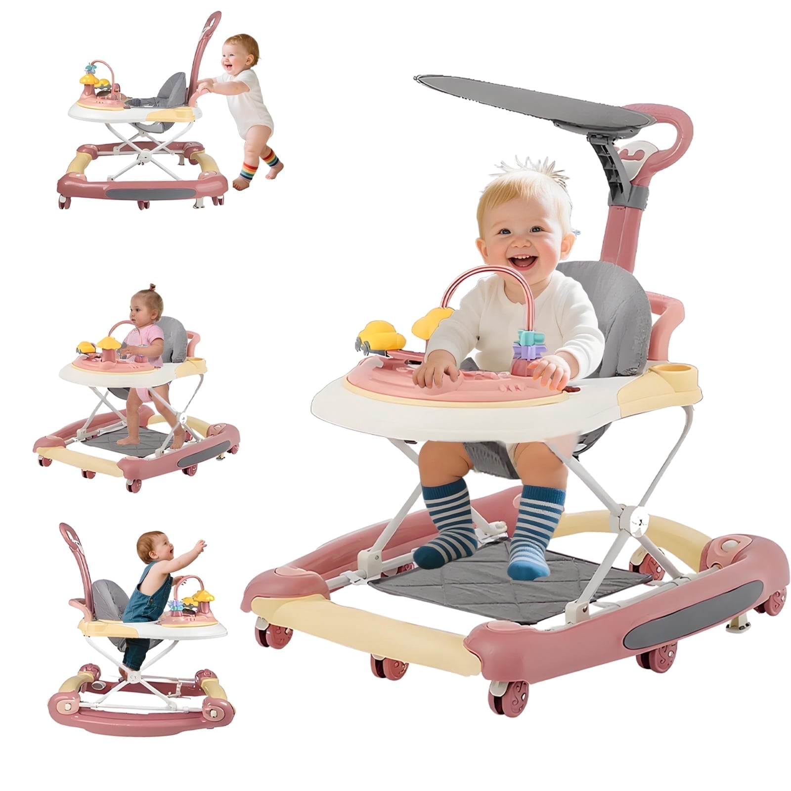YUCHANG 5-in-1 Baby Walker ,for Boys and Girls ,Over 6 Months- Foldable, Height Adjustable with Wheels (PINK)